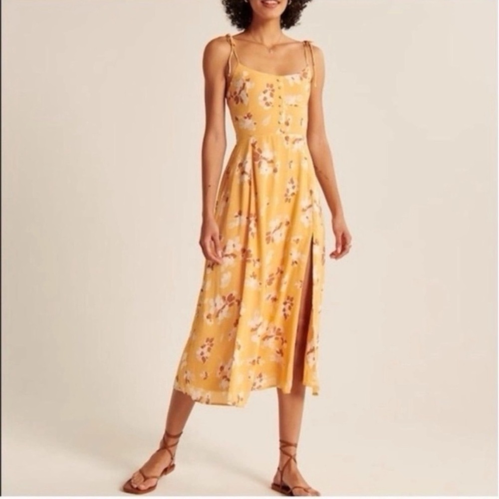 Abercrombie & Fitch Yellow Floral Tie-Shoulder Midi Dress